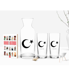 BK Gift Kişiye Özel Renkli Baskılı Ayyıldız Tasarımlı İkili Rakı Bardağı Karaf ve Cep Kitabı Hediye Seti-1