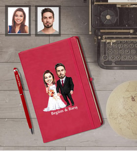 Kişiye Özel Gelin Damat Karikatürlü Kırmızı Defter Kalem Hediye Seti   Mod-8