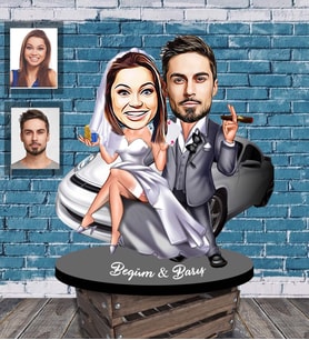 Kişiye Özel Gelin Damat  Karikatürlü Ahşap Biblo  Mod-2
