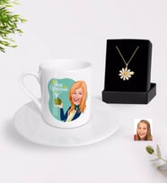 BK Gift Kişiye Özel Bayan Sınıf Öğretmeni Karikatürlü Türk Kahvesi Fincanı ve İsimli Papatya Kolye Hediye Seti-1 (Model 1)