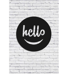 CajuArt Dekoratif Hello Merhaba Yazılı Gülen Yüz Ahşap Tablo Süs (Siyah)