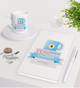 BK Gift Kişiye Özel Yeni İşinde Başarılar Dilerim Beyaz Defter Kalem Türk Kahvesi Fincanı Seti-4 (Model 1)