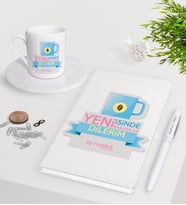 BK Gift Kişiye Özel Yeni İşinde Başarılar Dilerim Beyaz Defter Kalem Türk Kahvesi Fincanı Seti-4 (Model 1)