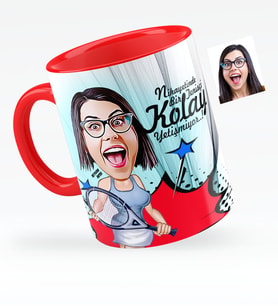BK Gift Kişiye Özel Bayan Tenis Oyuncusu Karikatürlü Kırmızı Kupa Bardak  1