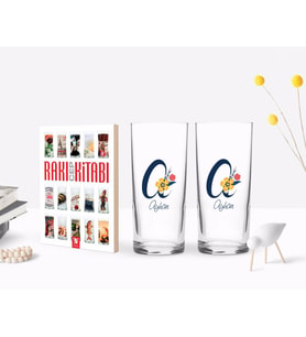 BK Gift Kişiye Özel Renkli Baskılı Harf ve İsim Tasarımlı İkili Rakı Bardağı ve Rakı Cep Kitabı Hediye Seti-2 (Model 1)
