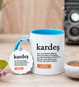 Kardeş Kelime Anlamı Mavi Kupa Bardak Ve Anahtarlık Set