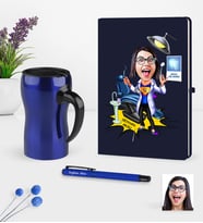 BK Gift Kişiye Özel Bayan Diş Hekimi Karikatürlü Lacivert Defter Kalem Termos Mug Seti-1 (Model 1)