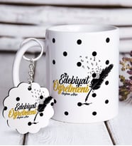 BK Gift Kişiye Özel Edebiyat Öğretmeni Beyaz Kupa ve Anahtarlık Hediye Seti-3 (Model 1)
