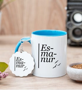 İsme Özel Heceli Beyaz Mavi Kupa Bardak ve Anahtarlık Set
