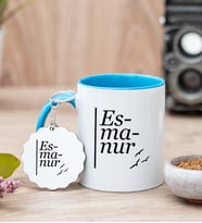 İsme Özel Heceli Beyaz Mavi Kupa Bardak ve Anahtarlık Set