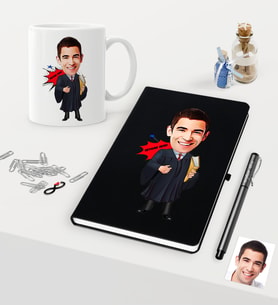 BK Gift Kişiye Özel Bay Avukat Karikatürlü Siyah Defter Kalem Kupa Seti - 1 (Model 1)