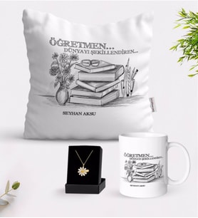 BK Gift Kişiye Özel Öğretmen Beyaz Kupa Yastık ve İsimli Papatya Kolye Hediye Seti-1 (Model 1)