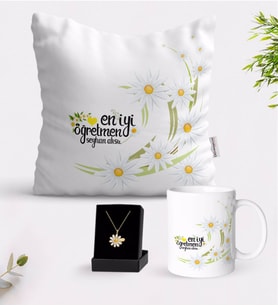 BK Gift Kişiye Özel Papatya Temalı En İyi Öğretmen Beyaz Kupa Yastık ve İsimli Papatya Kolye Hediye Seti-1 (Model 1)