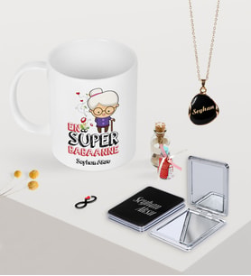 BK Gift Kişiye Özel En Süper Babaanne Kupa Ayna ve Siyah Mineli Kolye Seti (Model 1)