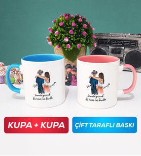 İkili Sevgiliye Hediye Bir Ömür Sevgililer Günü Hediyesi Kupa Bardak Mavi Pembe