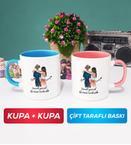 İkili Sevgiliye Hediye Bir Ömür Sevgililer Günü Hediyesi Kupa Bardak Mavi Pembe