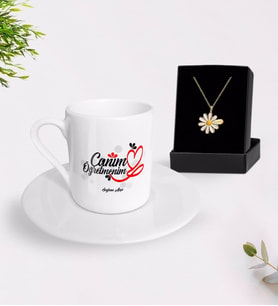BK Gift Kişiye Özel Canım Öğretmenim Türk Kahvesi Fincanı ve İsimli Papatya Kolye Hediye Seti-1 (Model 1)