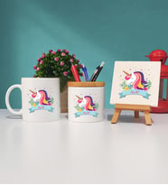 Unicorn Tasarımlı İsme Özel Unicorn Kupa Bardak Kalemlik ve Dekoratif Taş Baskı Seti