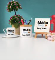 Maden Mühendisi Türk Kahvesi Fincanı Kalemlik ve Dekoratif Taş Baskı Seti