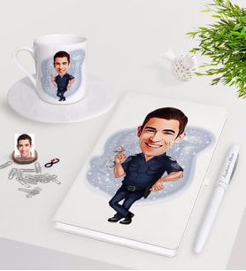 BK Gift Kişiye Özel Erkek Polis Karikatürlü Beyaz Defter Kalem Türk Kahvesi Fincanı Seti-2 (Model 1)