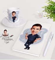 BK Gift Kişiye Özel Erkek Polis Karikatürlü Beyaz Defter Kalem Türk Kahvesi Fincanı Seti-2 (Model 1)