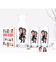 BK Gift Kişiye Özel Renkli Baskılı Sevgililer Karikatürlü İkili Rakı Bardağı Karaf ve Cep Kitabı Hediye Seti-6 (Model 1)