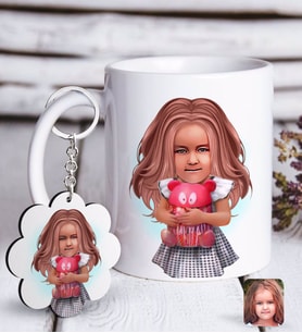 BK Gift Kişiye Özel Kız Çocuk İllüstrasyon Tasarımlı Beyaz Kupa ve Anahtarlık Hediye Seti-1 (Model 1)