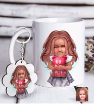 BK Gift Kişiye Özel Kız Çocuk İllüstrasyon Tasarımlı Beyaz Kupa ve Anahtarlık Hediye Seti-1 (Model 1)