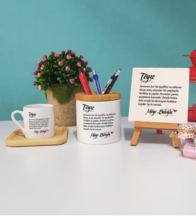 Teyzeye Hediye Teyze Yazılı Kişiye Özel Teyze Ahşap Altlıklı Türk Kahvesi Fincanı Kalemlik Dekoratif Taş Baskı Seti