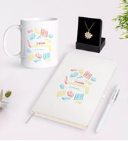 BK Gift Kişiye Özel Canım Öğretmenim Beyaz Kupa Defter Kalem ve İsimli Papatya Kolye Hediye Seti-3 (Model 1)
