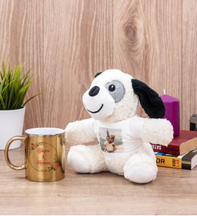 İki İsimli Çiftlere Özel Gold Kupa Bardak ve Peluş Köpek