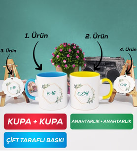 İkili Mavi Sarı Çiçek Tasarımlı İsme Özel Kupa Bardak Anahtarlık