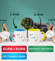 İkili Mavi Sarı Çiçek Tasarımlı İsme Özel Kupa Bardak Anahtarlık