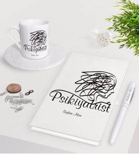 BK Gift Kişiye Özel Psikiyatrist Beyaz Defter Kalem Türk Kahvesi Fincanı Seti-2 (Model 1)