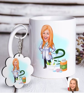BK Gift Kişiye Özel Bayan Eczacı Karikatürlü Beyaz Kupa ve Anahtarlık Hediye Seti-2 (Model 1)