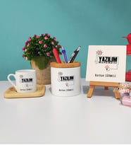 Yazılım Mühendisi Tasarımlı Kişiye Özel Hediye Yazılım Mühendisi Ahşap Altlıklı Türk Kahvesi Fincanı Kalemlik Dekoratif Taş Baskı Seti