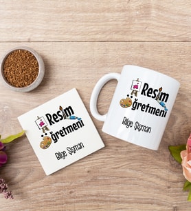 Resim Öğretmeni Beyaz Kupa Bardak Ve Bardak Altlığı Seti