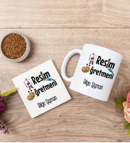 Resim Öğretmeni Beyaz Kupa Bardak Ve Bardak Altlığı Seti