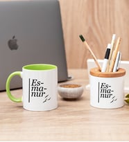 İsme Özel Heceli Yeşil Kupa Bardak ve Kalemlik Seti