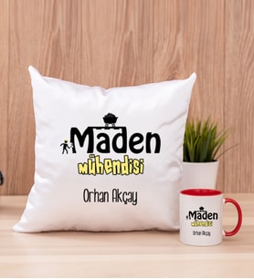 Maden Mühendisi Kare Yastık ve Kırmızı Kupa Bardak