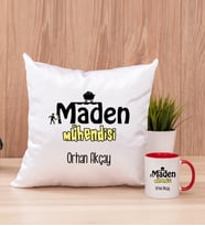 Maden Mühendisi Kare Yastık ve Kırmızı Kupa Bardak