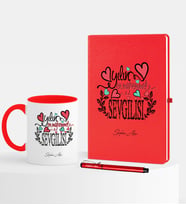 BK Gift Kişiye Özel Yılın En Mükemmel Sevgilisi Kırmızı Defter Kalem Kupa Seti