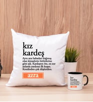 Kız Kardeş Kelime Anlamı Kare Yastık ve Siyah Kupa Bardak