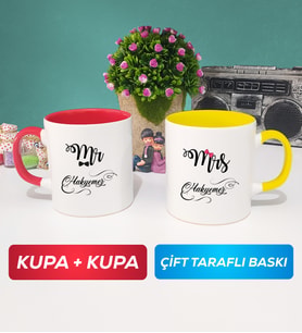 İkili Çiftlere Özel Mr Mrs Sevgiliye Hediye Kupa Bardak Kırmızı Sarı