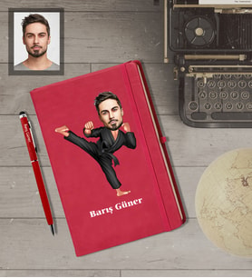 Kişiye Özel Sporcu Karikatürlü  Kırmızı Defter Kalem Hediye Seti Bay-5