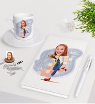 BK Gift Kişiye Özel Bayan Karikatürlü Beyaz Defter Kalem Türk Kahvesi Fincanı Seti-13 (Model 1)