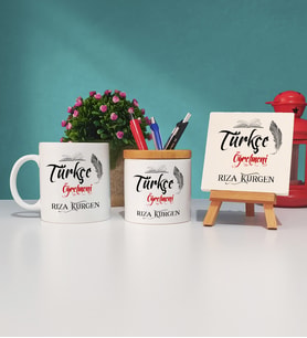 Türkçe Öğretmeni Kupa Bardak Kalemlik ve Dekoratif Taş Baskı Seti