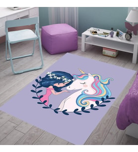 Unicorn Desenli Dijital Baskılı Kaymaz Taban Çocuk Odası Halısı (Lila)