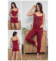 MyBen Kadın Bordo Renkli Dantel Detaylı Şortlu ve Taytlı Pijama Takımı 3'lü Set 75018