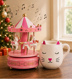 Yılbaşı Hediyesi Atlı Karınca Müzik Kutusu & 3D Kedi Figürlü Kupa